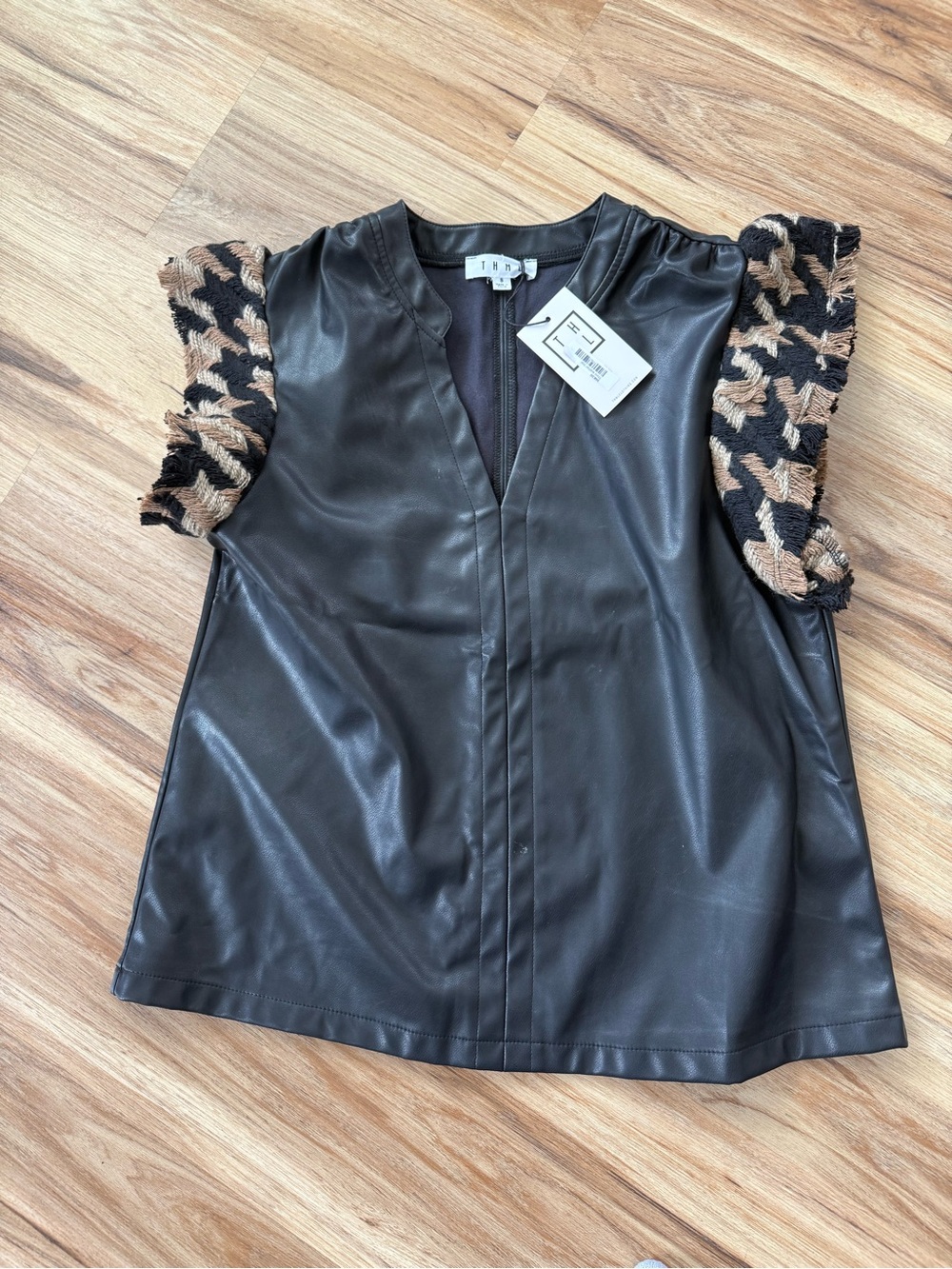 THML Black Faux Leather Shell Top with Tan-Black Textured Puff Sleeves